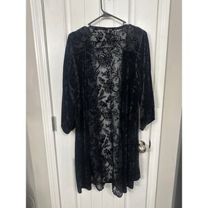 Knox Rose Black Crushed Velvet Floral Burnout Lace Duster Cardigan XL XXL Kimono